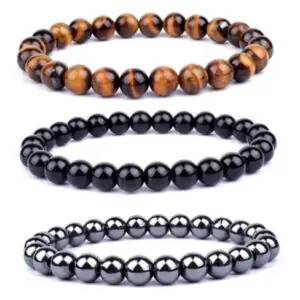 3 Pulseiras Hematita Olho De Tigre Onix - Proteção Diâmetro 19 Cm