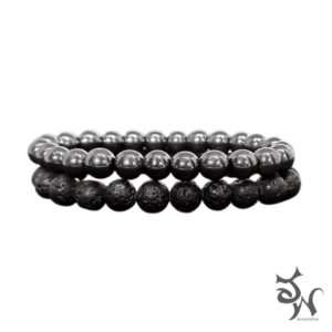 Kit 2 Pulseiras Masculinas Pedras Hematita E Vulcânica 8mm