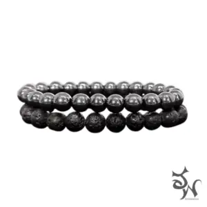 Kit 2 Pulseiras Masculinas Pedras Hematita E Vulcânica 8mm
