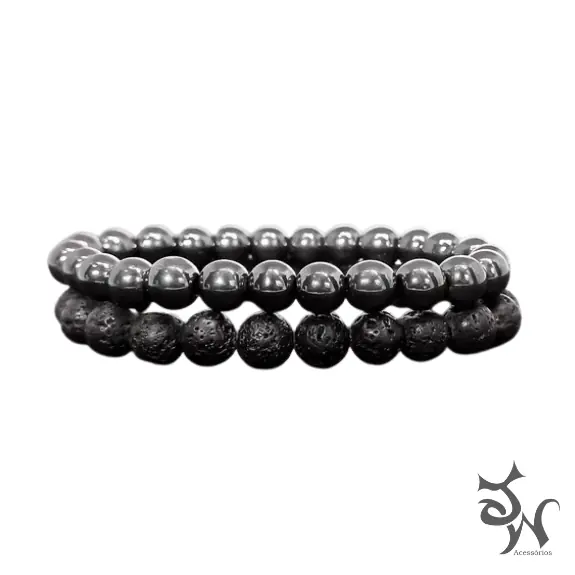 Kit 2 Pulseiras Masculinas Pedras Hematita E Vulcânica 8mm