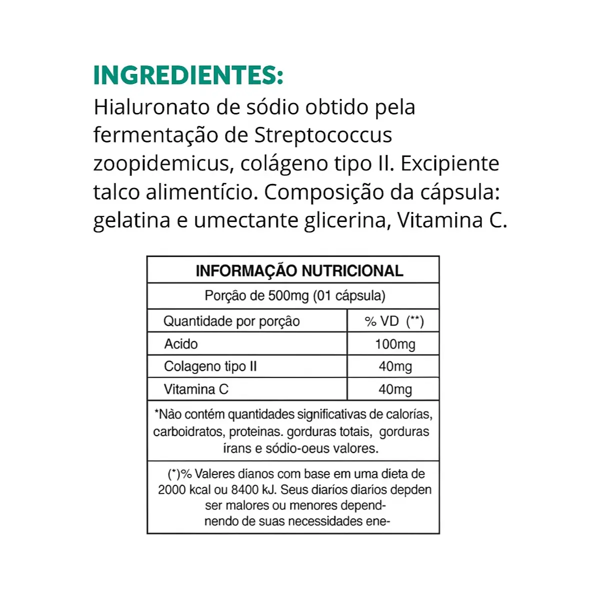 Ácido Hialurônico + Colágeno Tipo 2 100 Cápsulas Denature Sabor Natural - Imagem 2