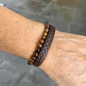 Pulseira Masculina Couro Marrom Trança Social Fecho Imã Marrom 19 Cm