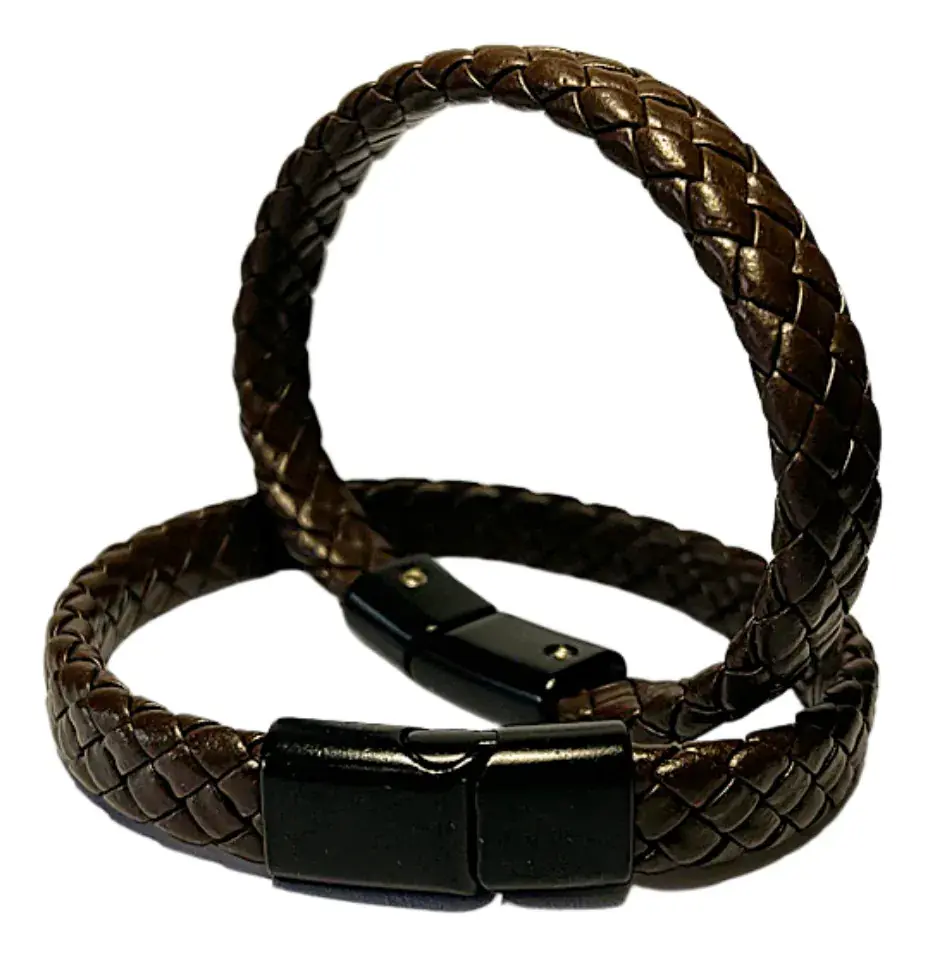 Pulseira Masculina Couro Marrom Trança Social Fecho Imã Marrom 21 Cm - Imagem 2