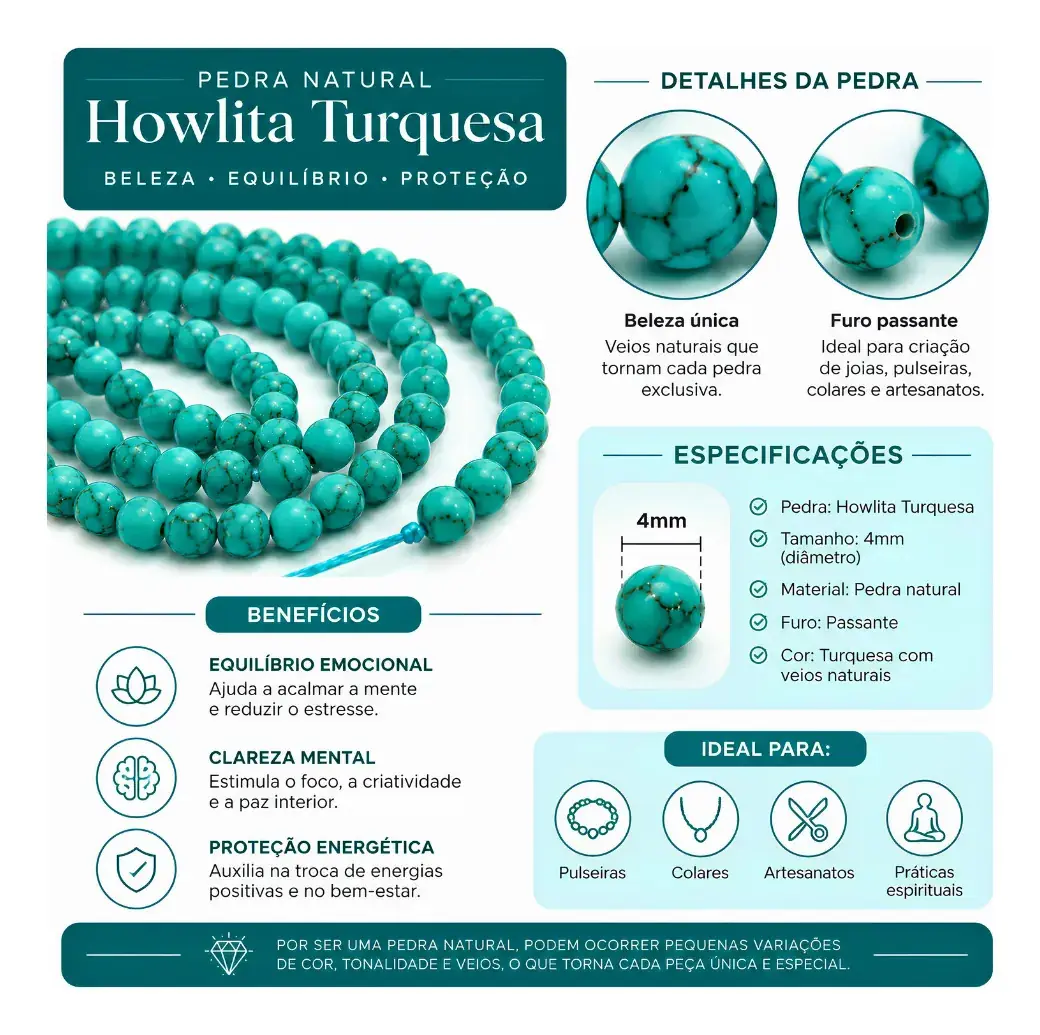 Fio De Pedra Natural Howlita Turquesa 4mm Facetada Contas Howlita Turquesa - Imagem 6
