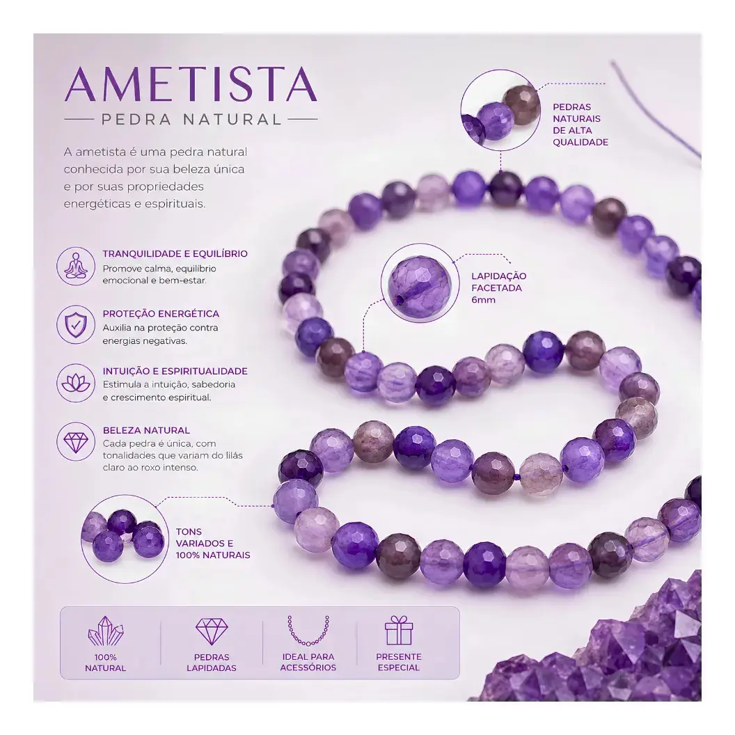 Fio Pedra Natural Ametista 4mm Facetada Contas Ametista - Imagem 4