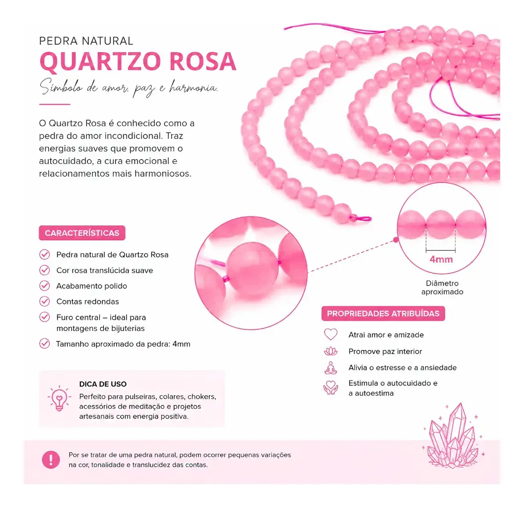 Fio Pedra Natural Quartzo Rosa 4mm Facetada Contas Quartzo Rosa - Imagem 8